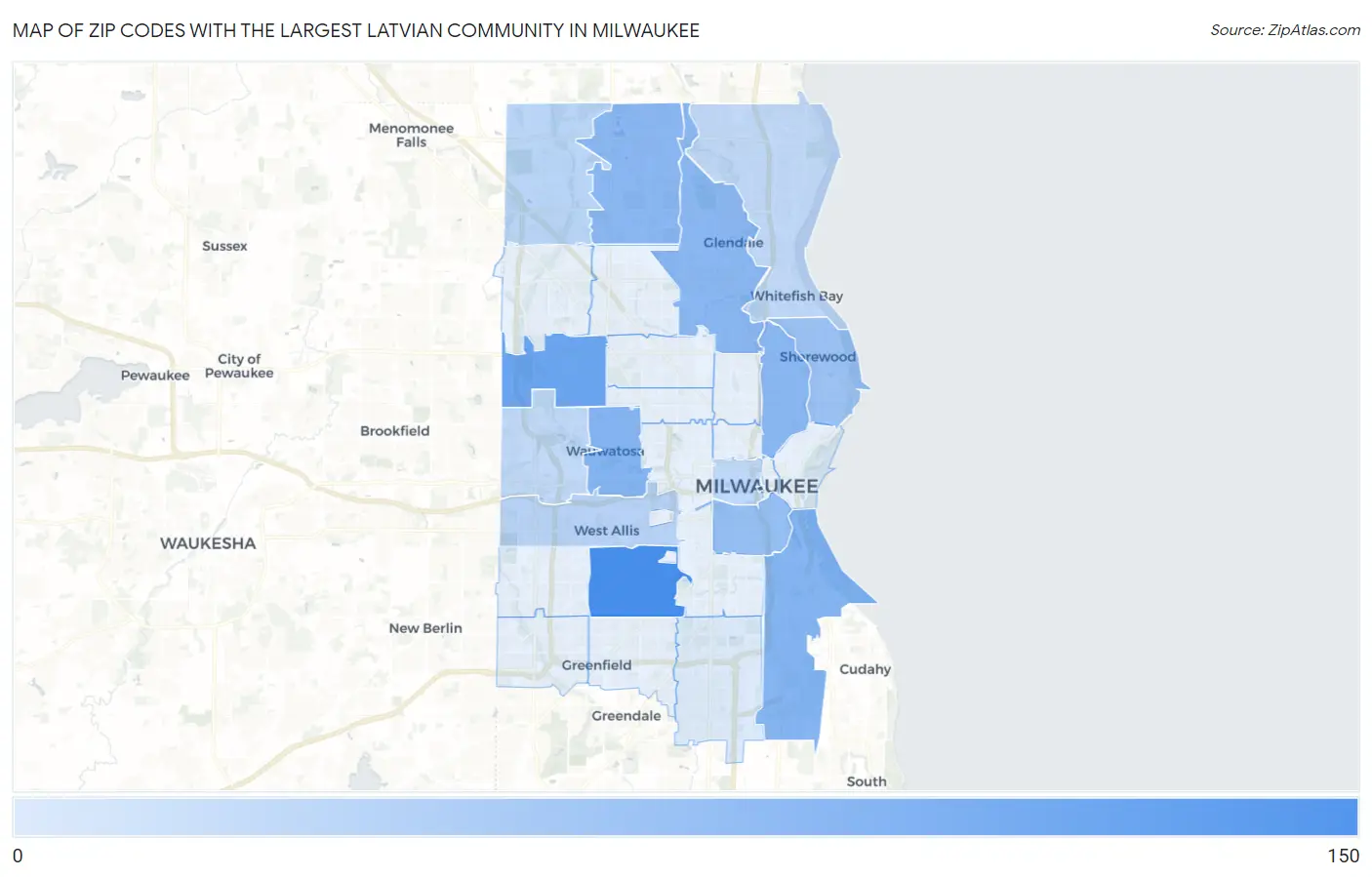 Zip Codes with the Largest Latvian Community in Milwaukee Map