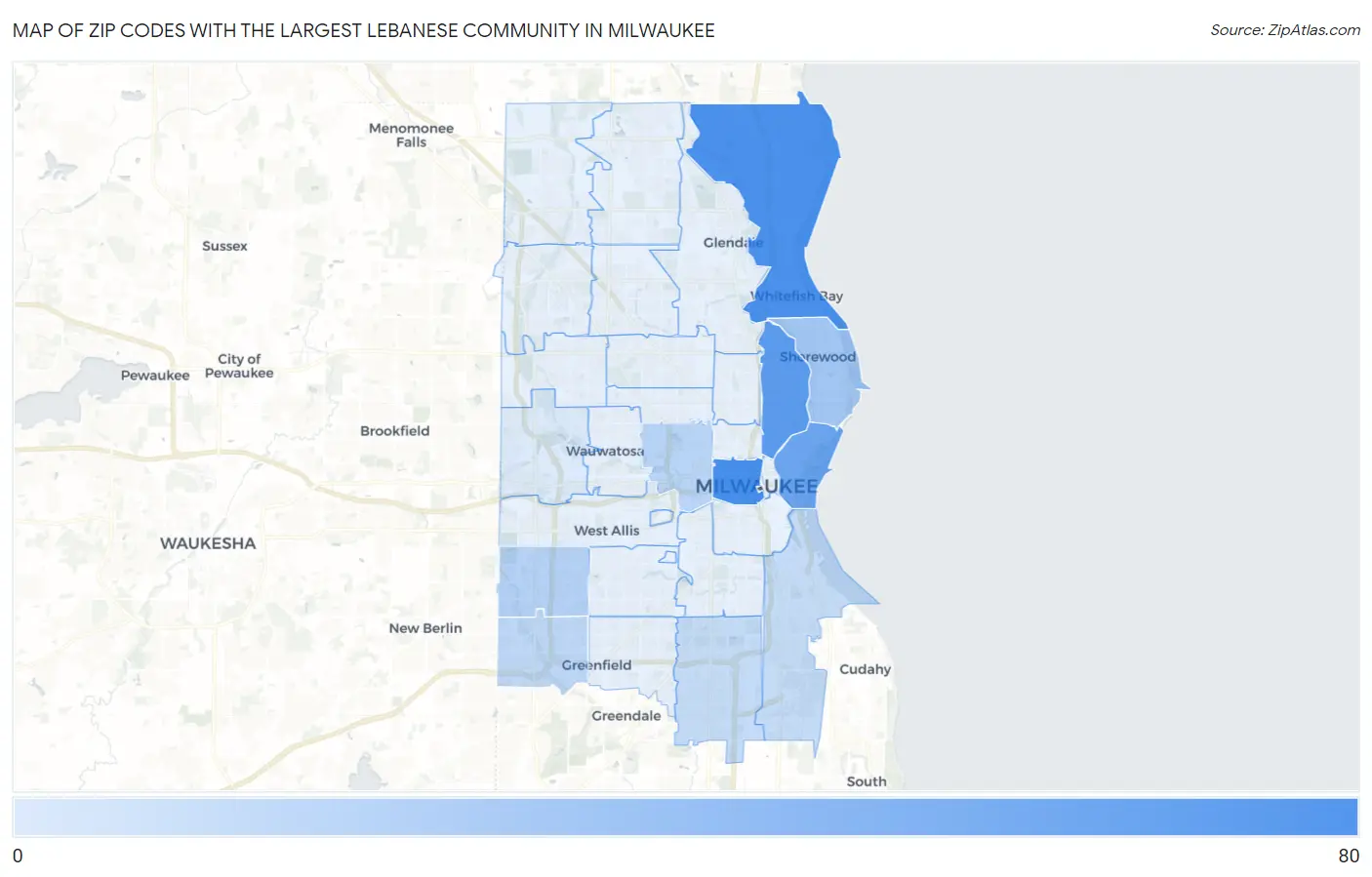 Zip Codes with the Largest Lebanese Community in Milwaukee Map
