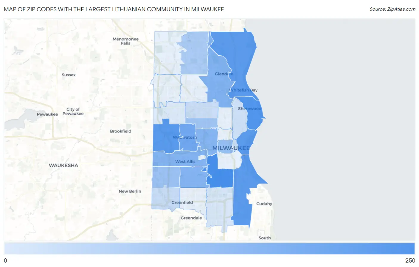 Zip Codes with the Largest Lithuanian Community in Milwaukee Map