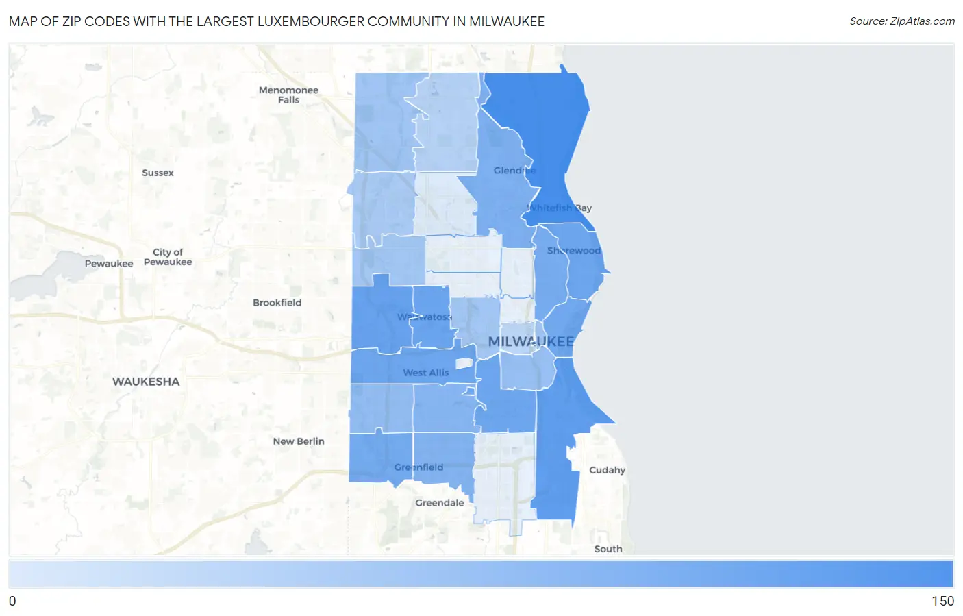 Zip Codes with the Largest Luxembourger Community in Milwaukee Map