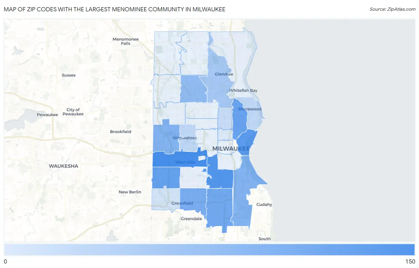 Zip Codes with the Largest Menominee Community in Milwaukee Map