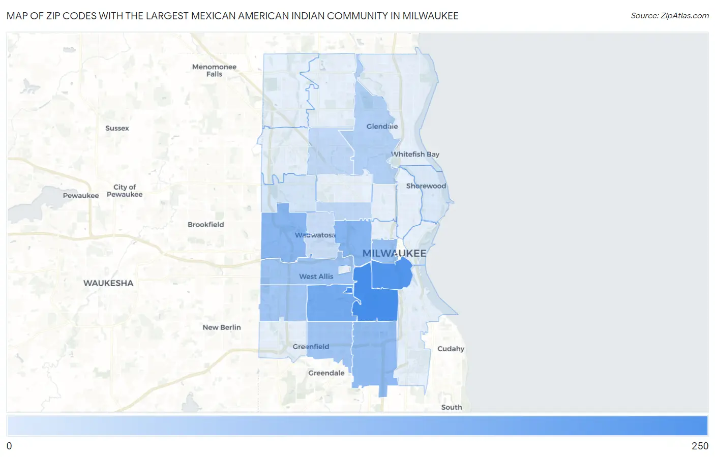 Zip Codes with the Largest Mexican American Indian Community in Milwaukee Map