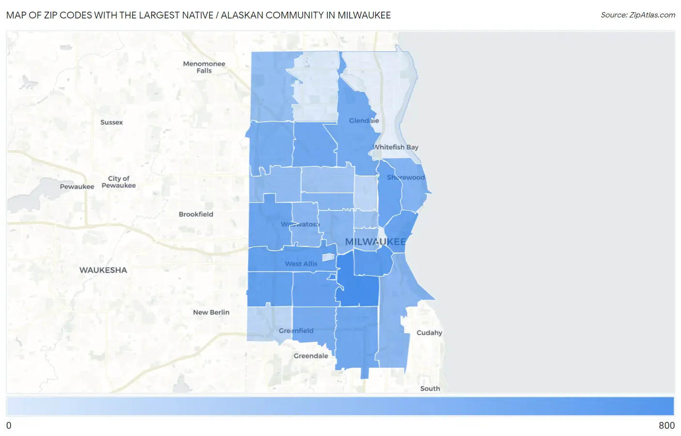 Zip Codes with the Largest Native / Alaskan Community in Milwaukee Map