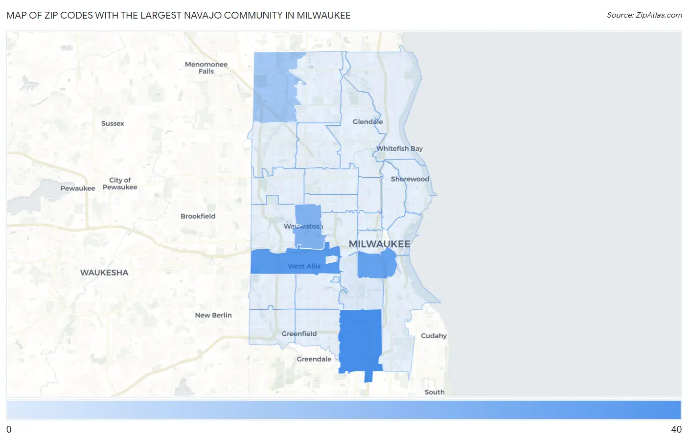 Zip Codes with the Largest Navajo Community in Milwaukee Map