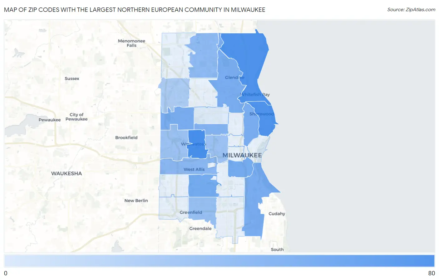 Zip Codes with the Largest Northern European Community in Milwaukee Map