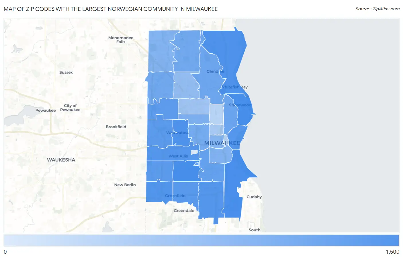 Zip Codes with the Largest Norwegian Community in Milwaukee Map