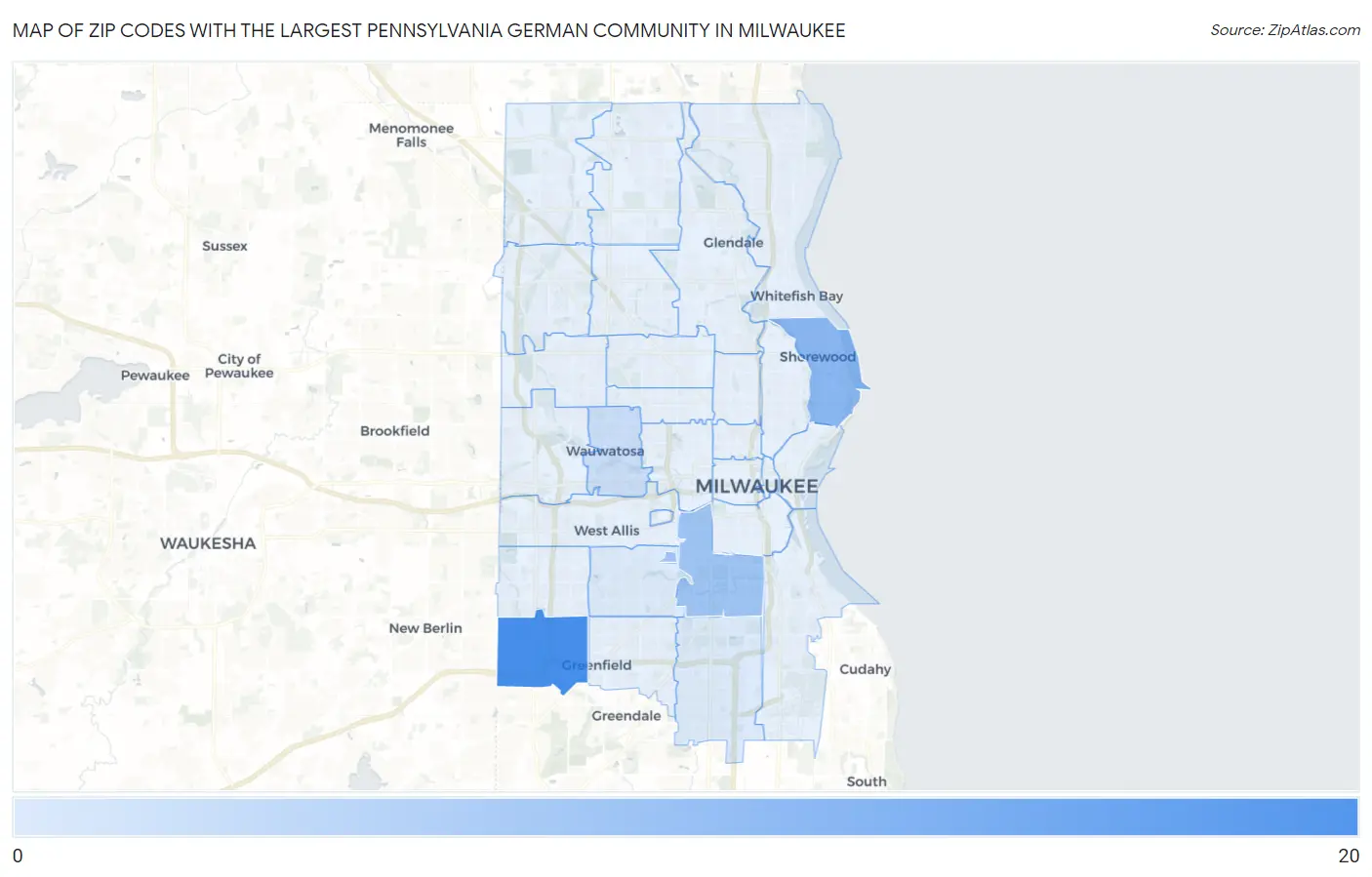 Zip Codes with the Largest Pennsylvania German Community in Milwaukee Map
