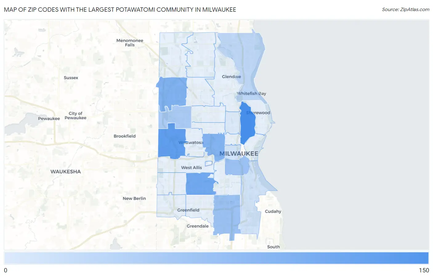 Zip Codes with the Largest Potawatomi Community in Milwaukee Map