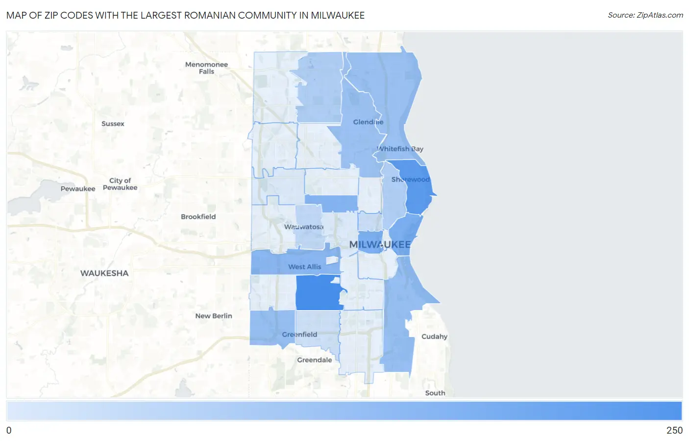 Zip Codes with the Largest Romanian Community in Milwaukee Map