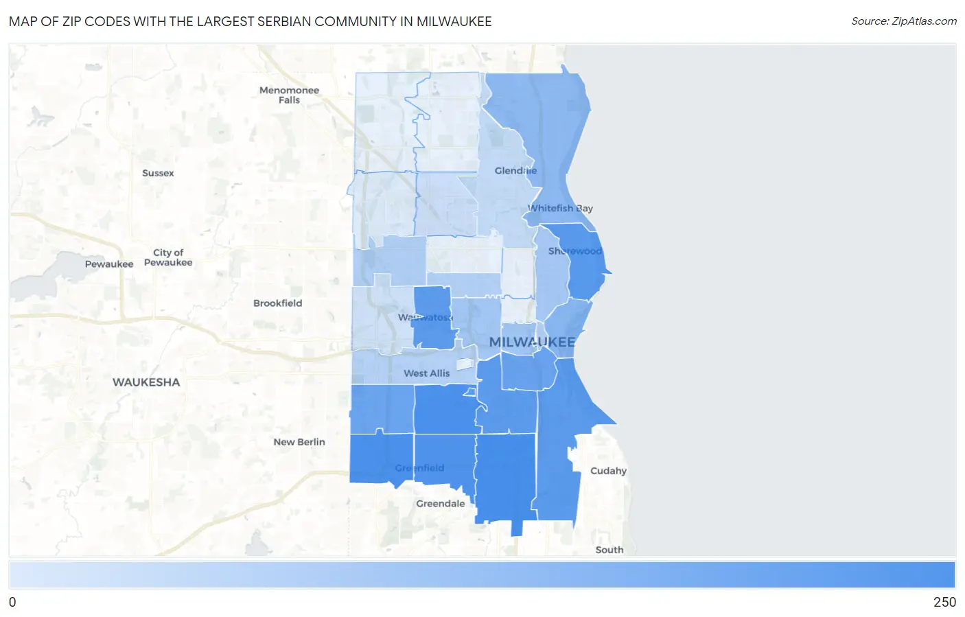 Zip Codes with the Largest Serbian Community in Milwaukee Map