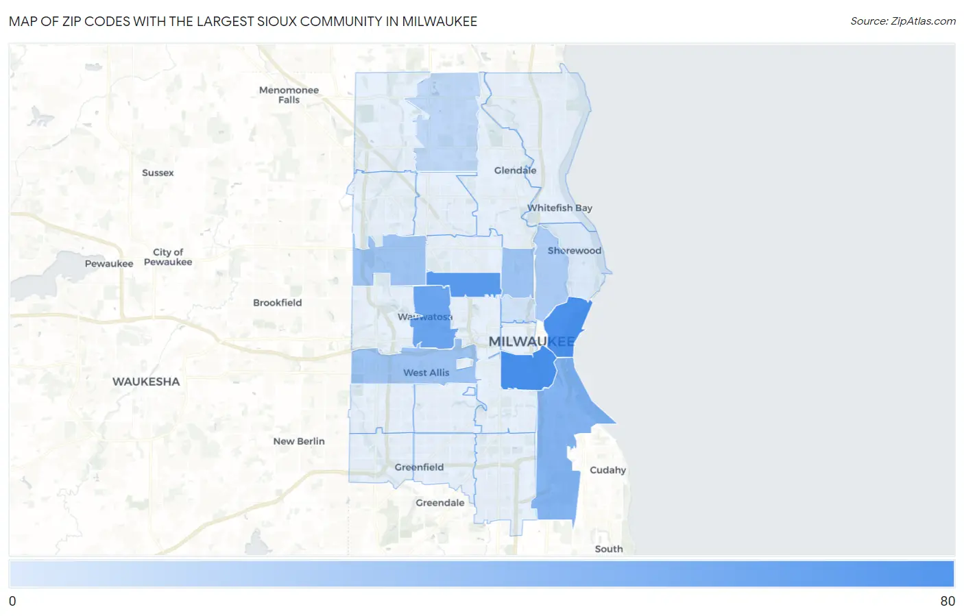 Zip Codes with the Largest Sioux Community in Milwaukee Map