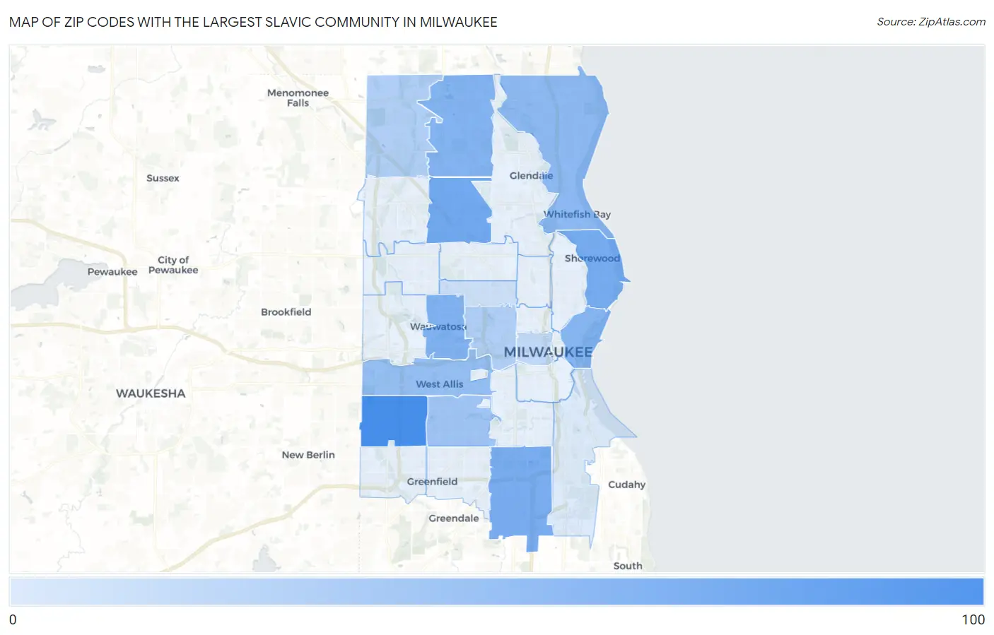 Zip Codes with the Largest Slavic Community in Milwaukee Map