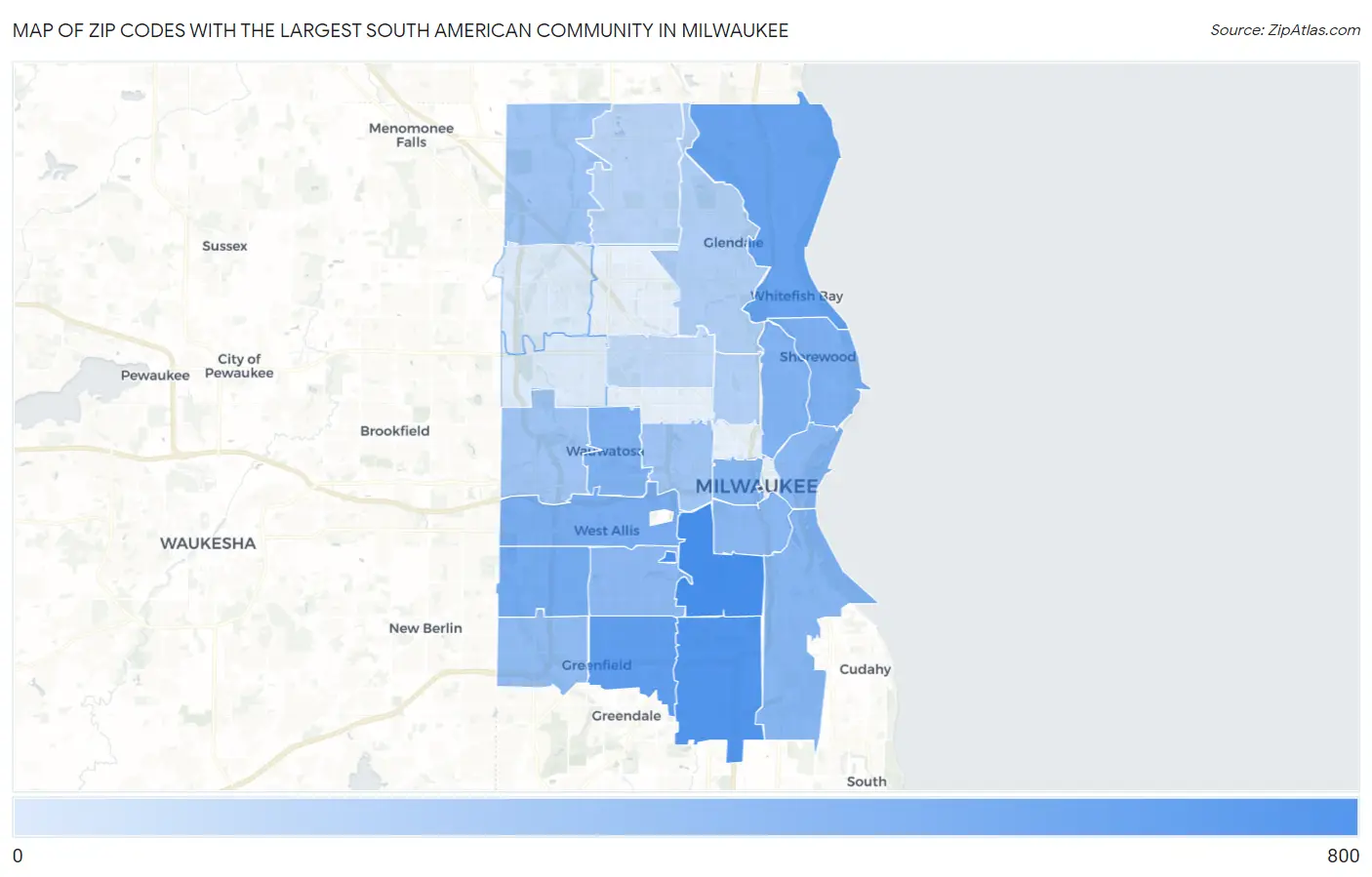 Zip Codes with the Largest South American Community in Milwaukee Map