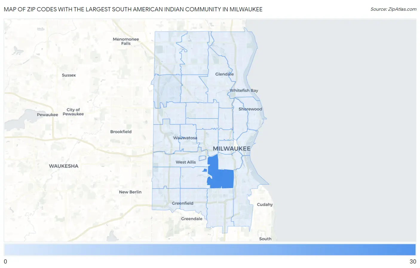 Zip Codes with the Largest South American Indian Community in Milwaukee Map