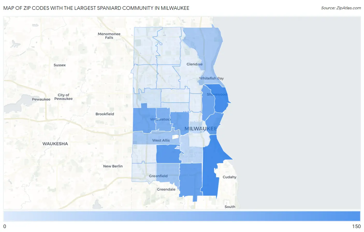 Zip Codes with the Largest Spaniard Community in Milwaukee Map