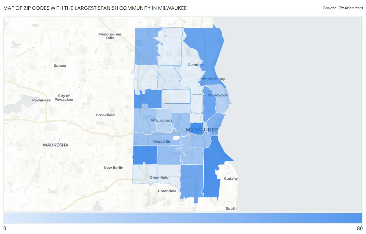 Zip Codes with the Largest Spanish Community in Milwaukee Map