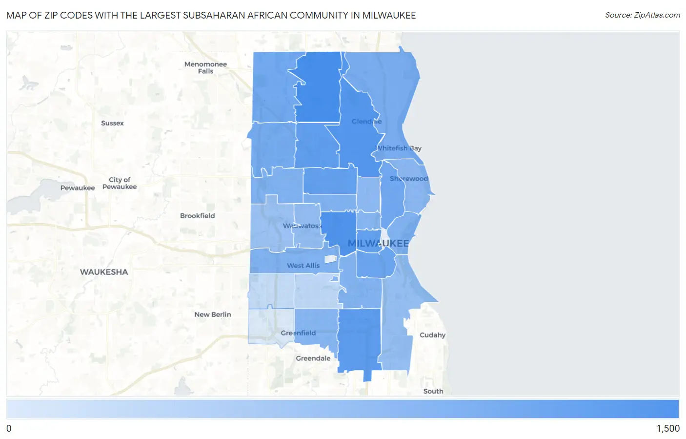 Zip Codes with the Largest Subsaharan African Community in Milwaukee Map