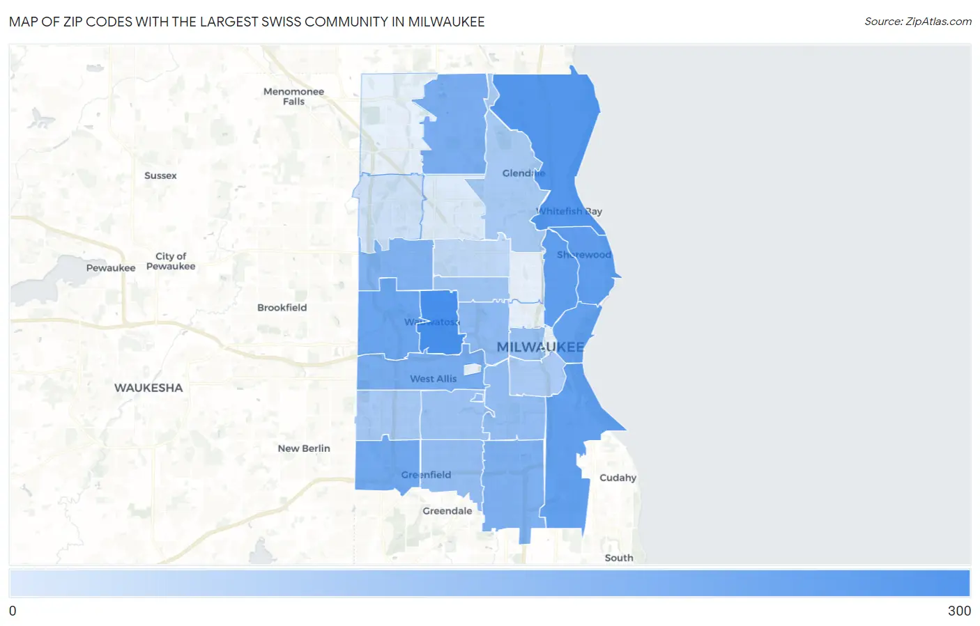 Zip Codes with the Largest Swiss Community in Milwaukee Map