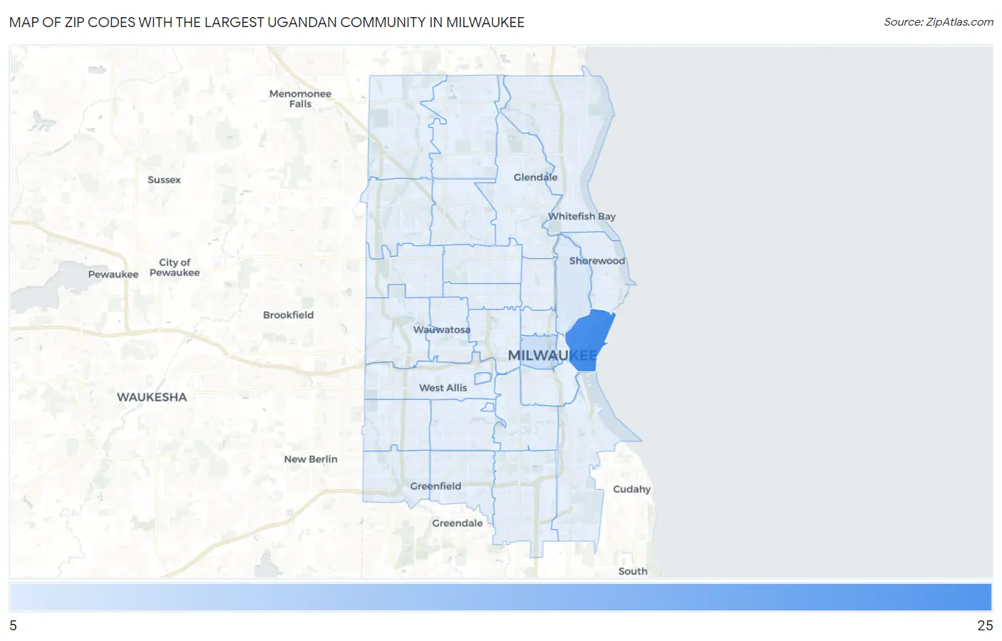 Zip Codes with the Largest Ugandan Community in Milwaukee Map