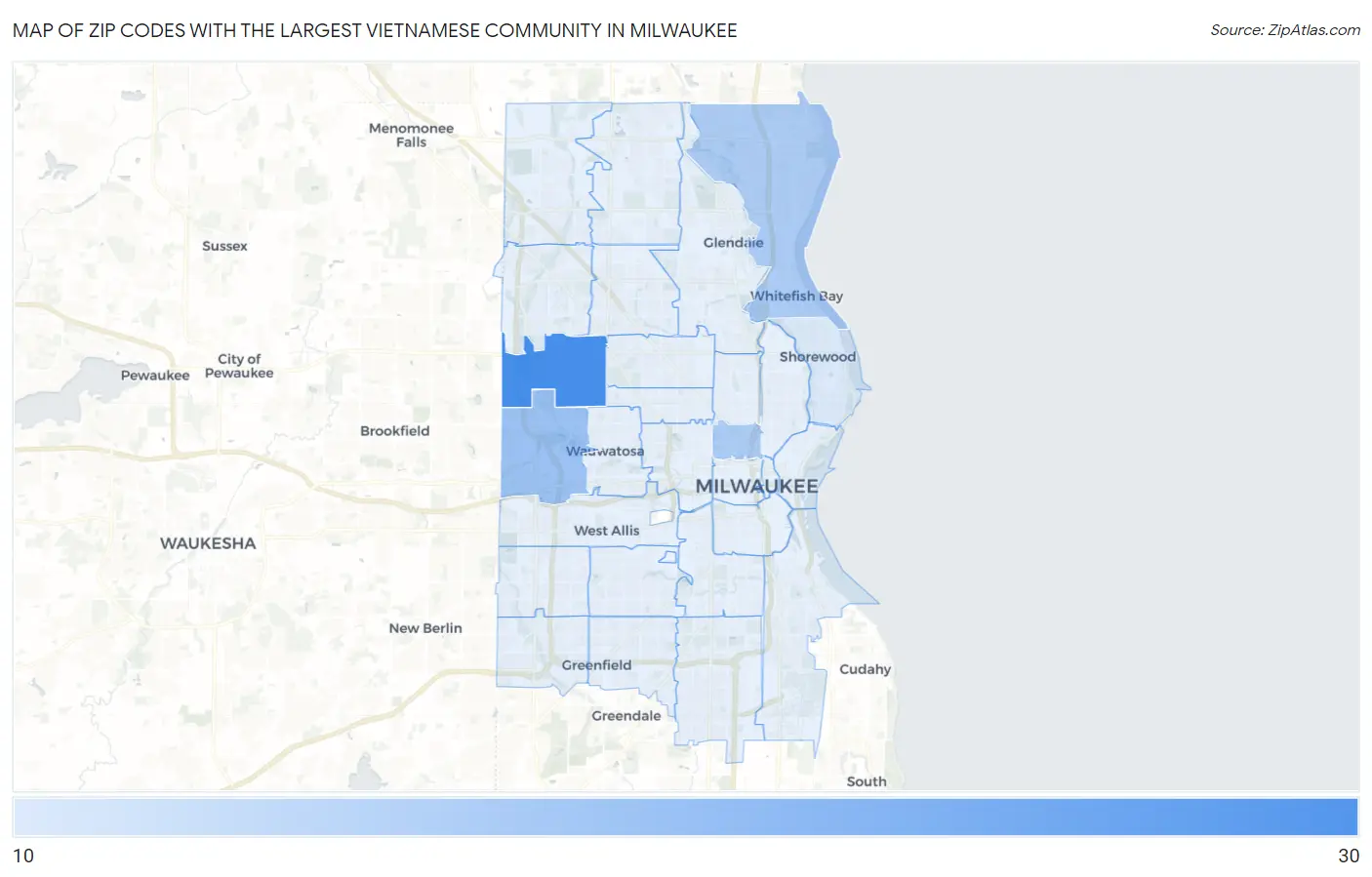 Zip Codes with the Largest Vietnamese Community in Milwaukee Map
