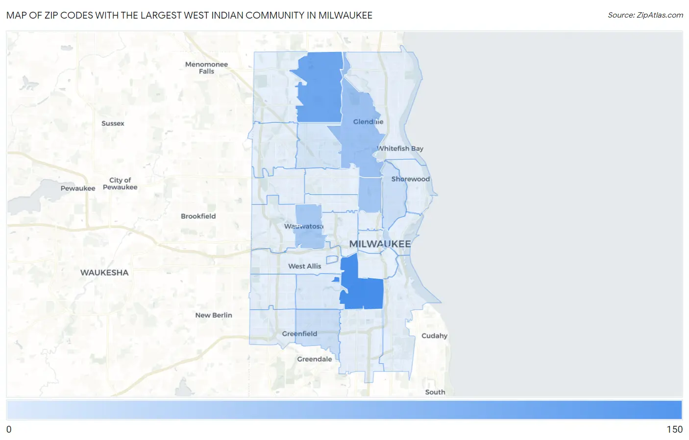 Zip Codes with the Largest West Indian Community in Milwaukee Map