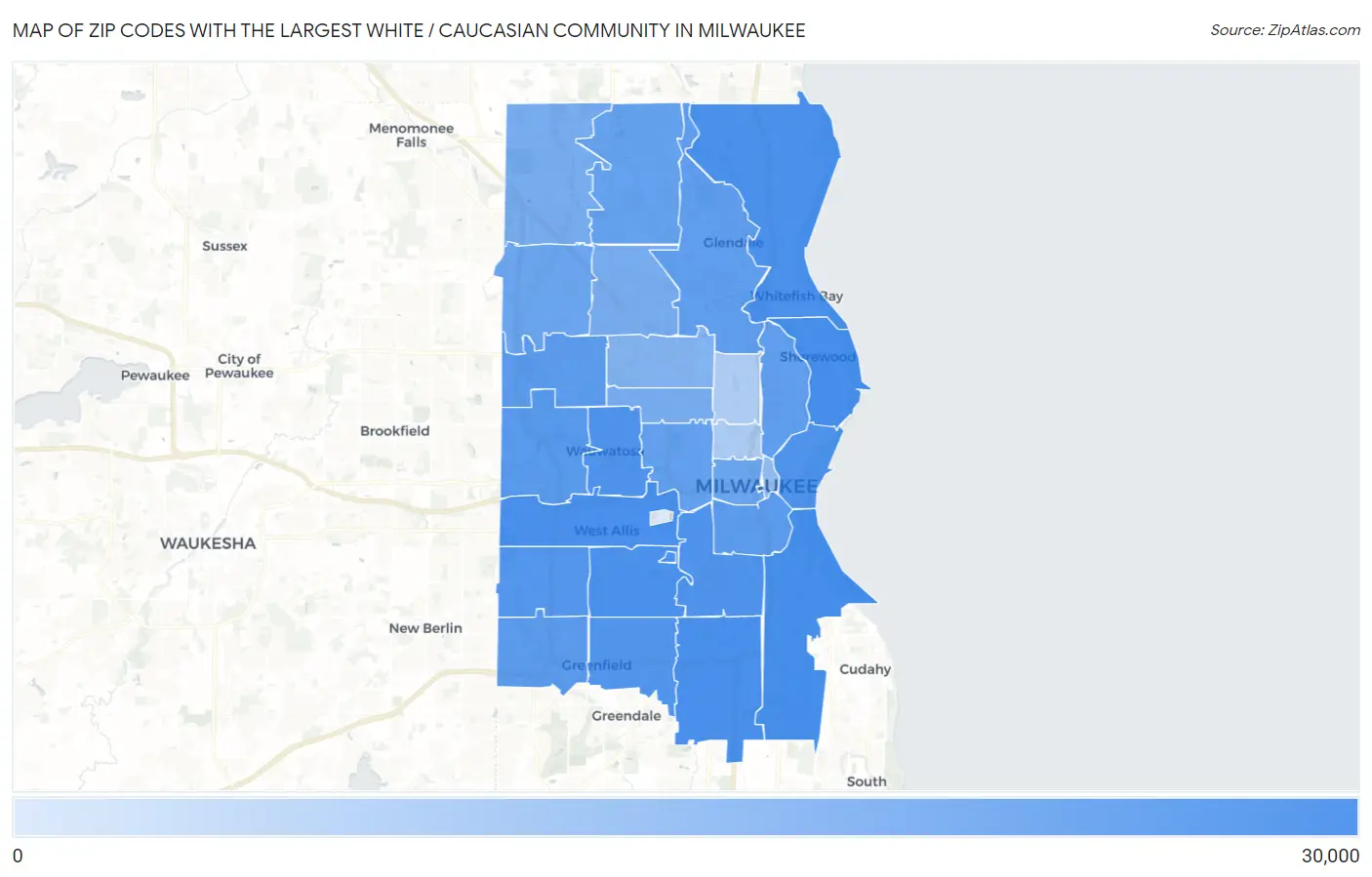 Zip Codes with the Largest White / Caucasian Community in Milwaukee Map