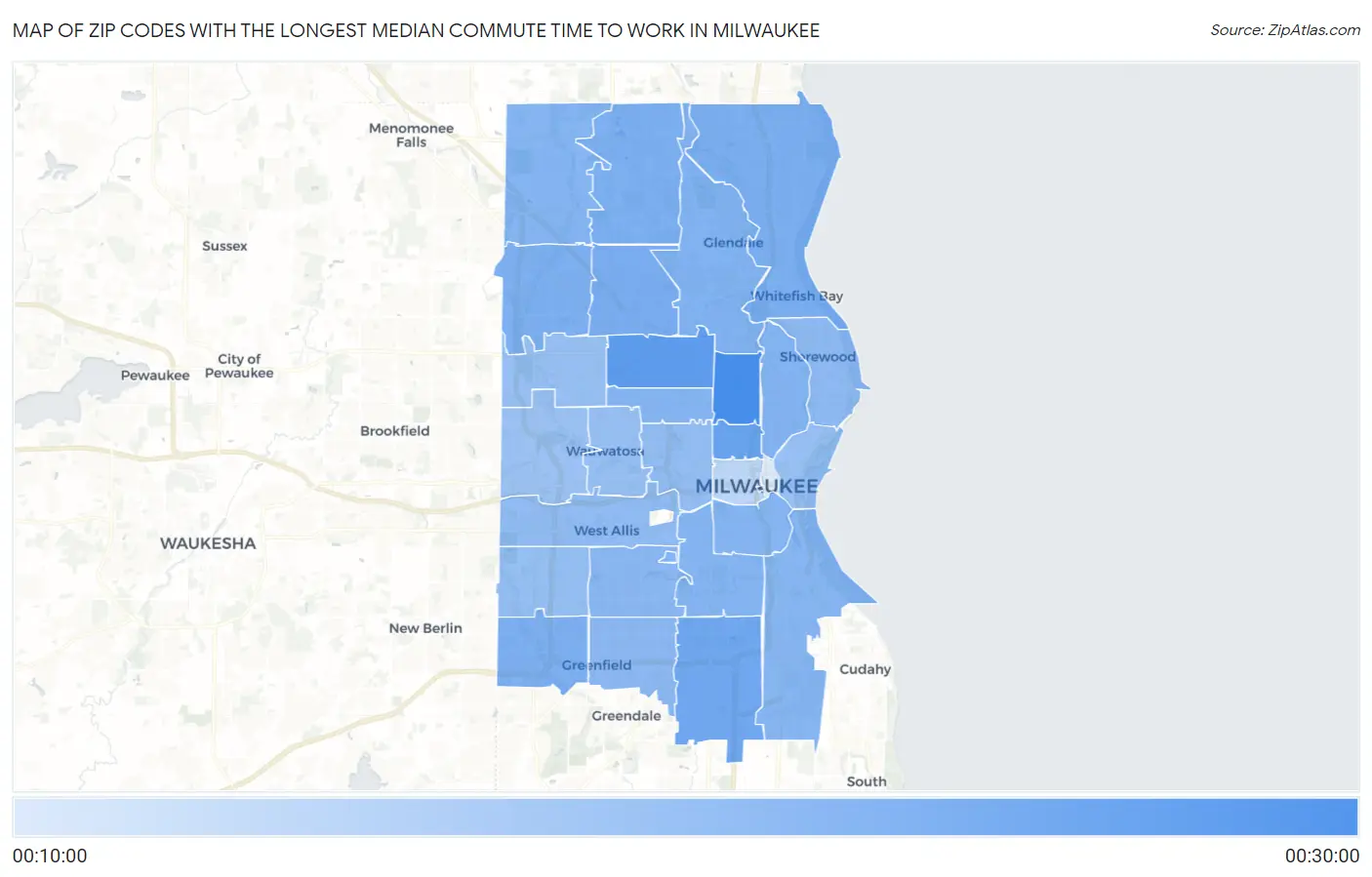 Zip Codes with the Longest Median Commute Time to Work in Milwaukee Map