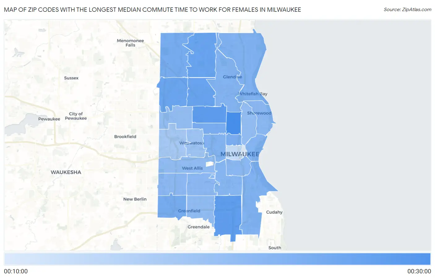 Zip Codes with the Longest Median Commute Time to Work for Females in Milwaukee Map