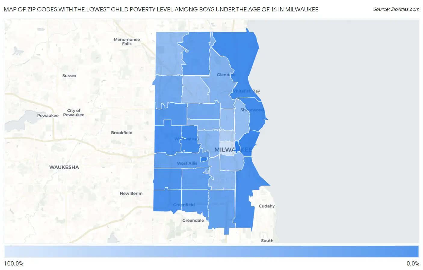 Zip Codes with the Lowest Child Poverty Level Among Boys Under the Age of 16 in Milwaukee Map