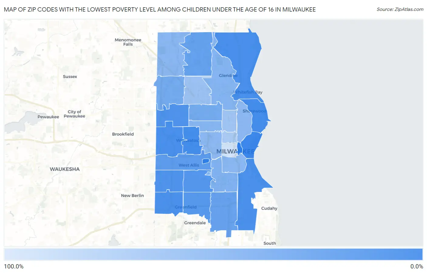 Zip Codes with the Lowest Poverty Level Among Children Under the Age of 16 in Milwaukee Map