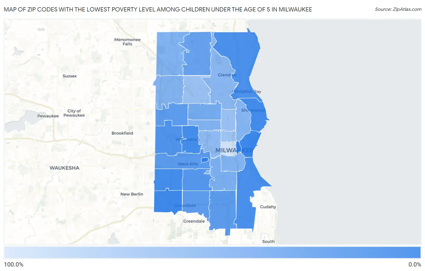 Zip Codes with the Lowest Poverty Level Among Children Under the Age of 5 in Milwaukee Map