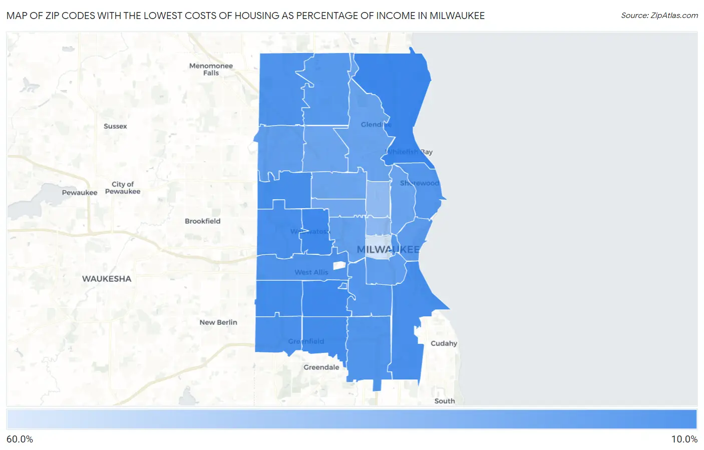Zip Codes with the Lowest Costs of Housing as Percentage of Income in Milwaukee Map