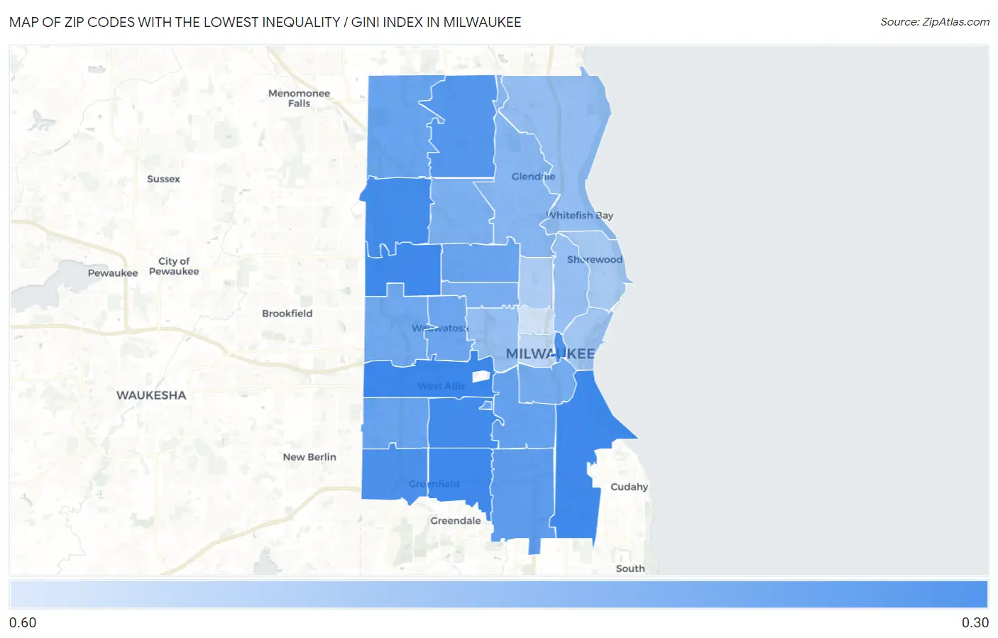 Zip Codes with the Lowest Inequality / Gini Index in Milwaukee Map