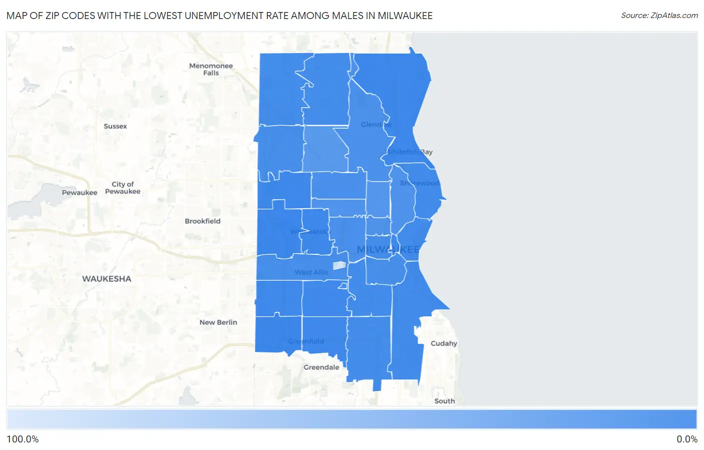 Zip Codes with the Lowest Unemployment Rate Among Males in Milwaukee Map