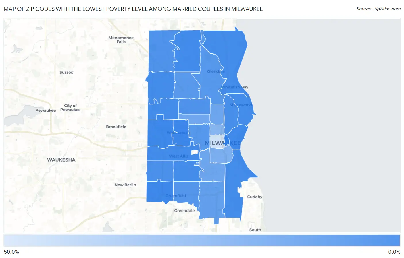 Zip Codes with the Lowest Poverty Level Among Married Couples in Milwaukee Map