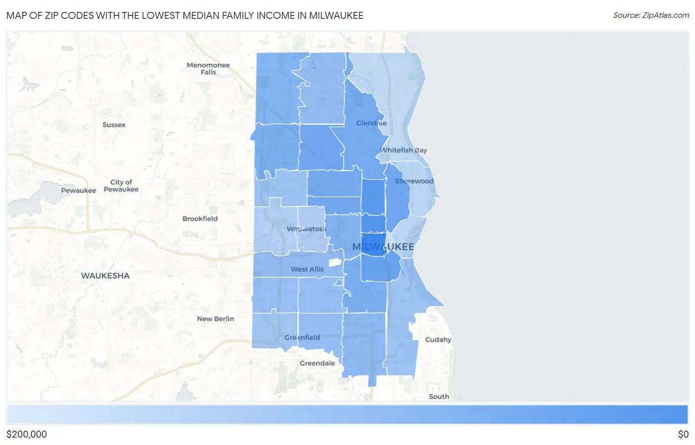 Zip Codes with the Lowest Median Family Income in Milwaukee Map