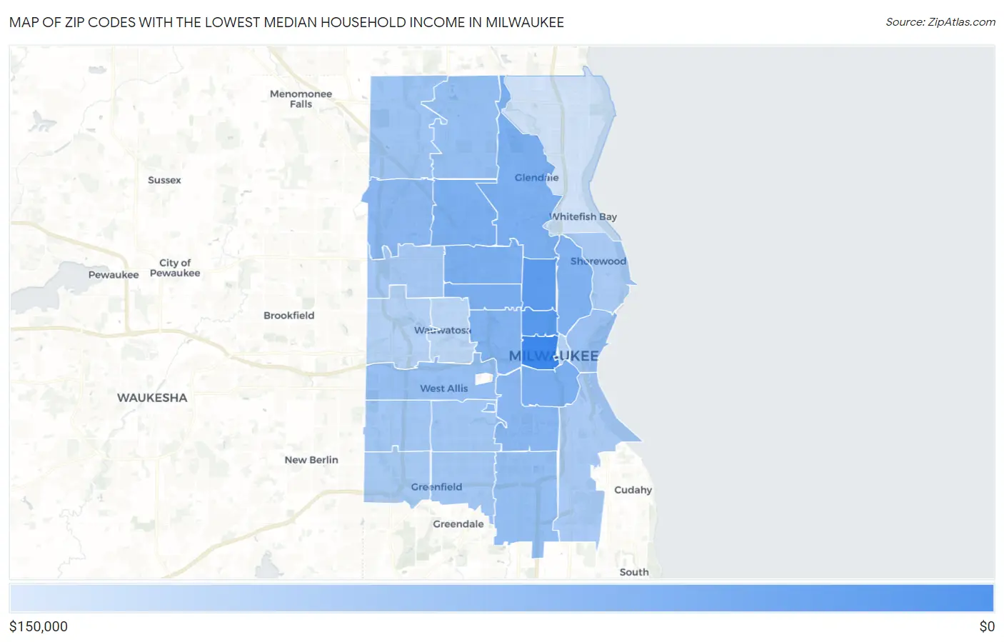 Zip Codes with the Lowest Median Household Income in Milwaukee Map