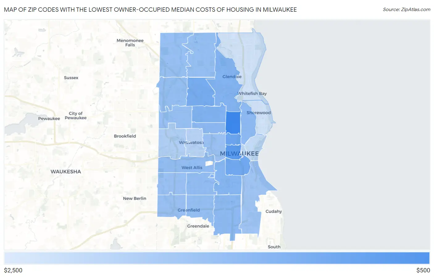 Zip Codes with the Lowest Owner-Occupied Median Costs of Housing in Milwaukee Map