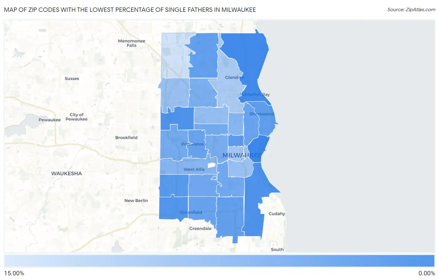 Zip Codes with the Lowest Percentage of Single Fathers in Milwaukee Map