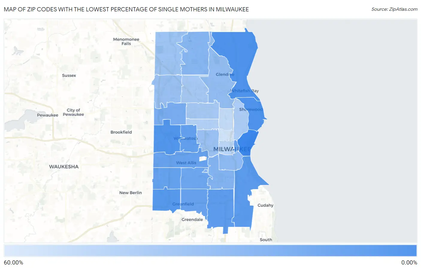 Zip Codes with the Lowest Percentage of Single Mothers in Milwaukee Map