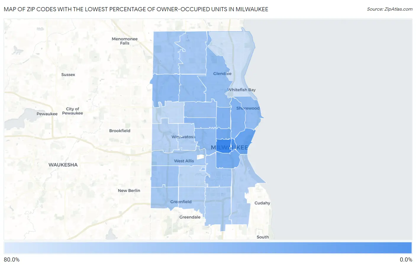 Zip Codes with the Lowest Percentage of Owner-Occupied Units in Milwaukee Map