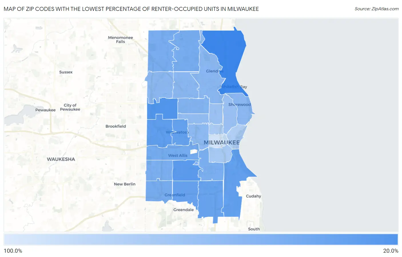 Zip Codes with the Lowest Percentage of Renter-Occupied Units in Milwaukee Map