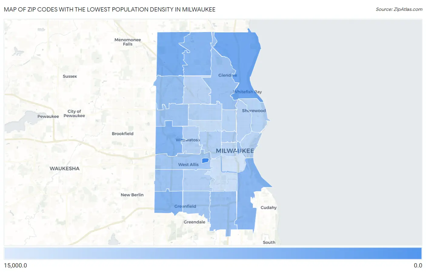 Zip Codes with the Lowest Population Density in Milwaukee Map