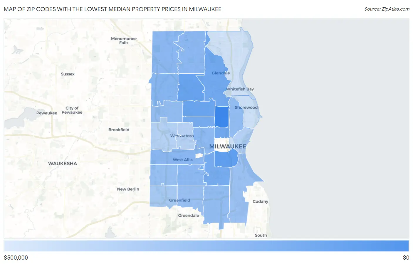 Zip Codes with the Lowest Median Property Prices in Milwaukee Map