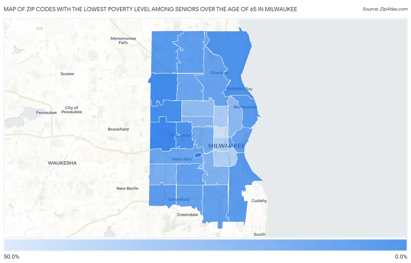 Zip Codes with the Lowest Poverty Level Among Seniors Over the Age of 65 in Milwaukee Map