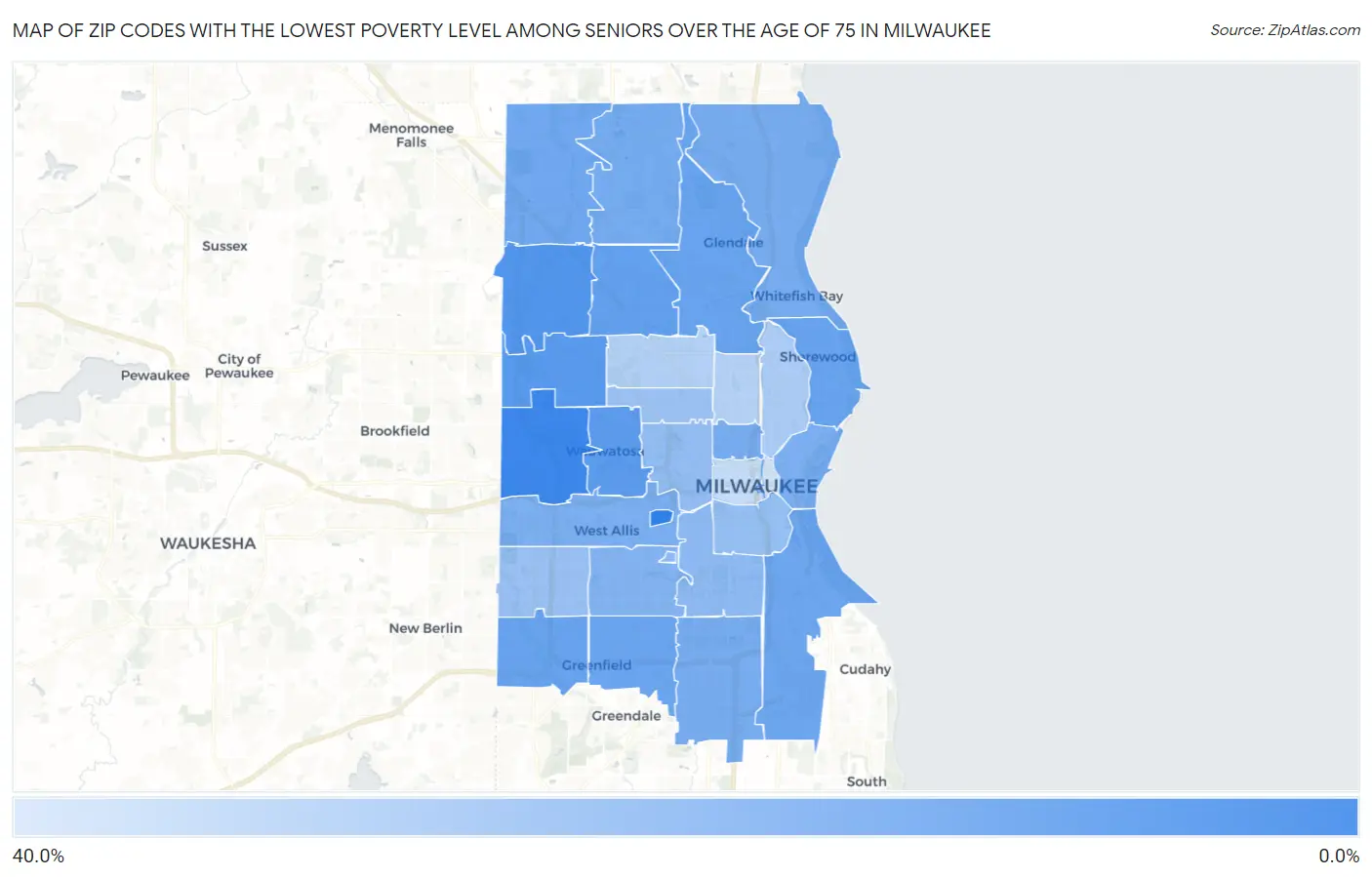 Zip Codes with the Lowest Poverty Level Among Seniors Over the Age of 75 in Milwaukee Map