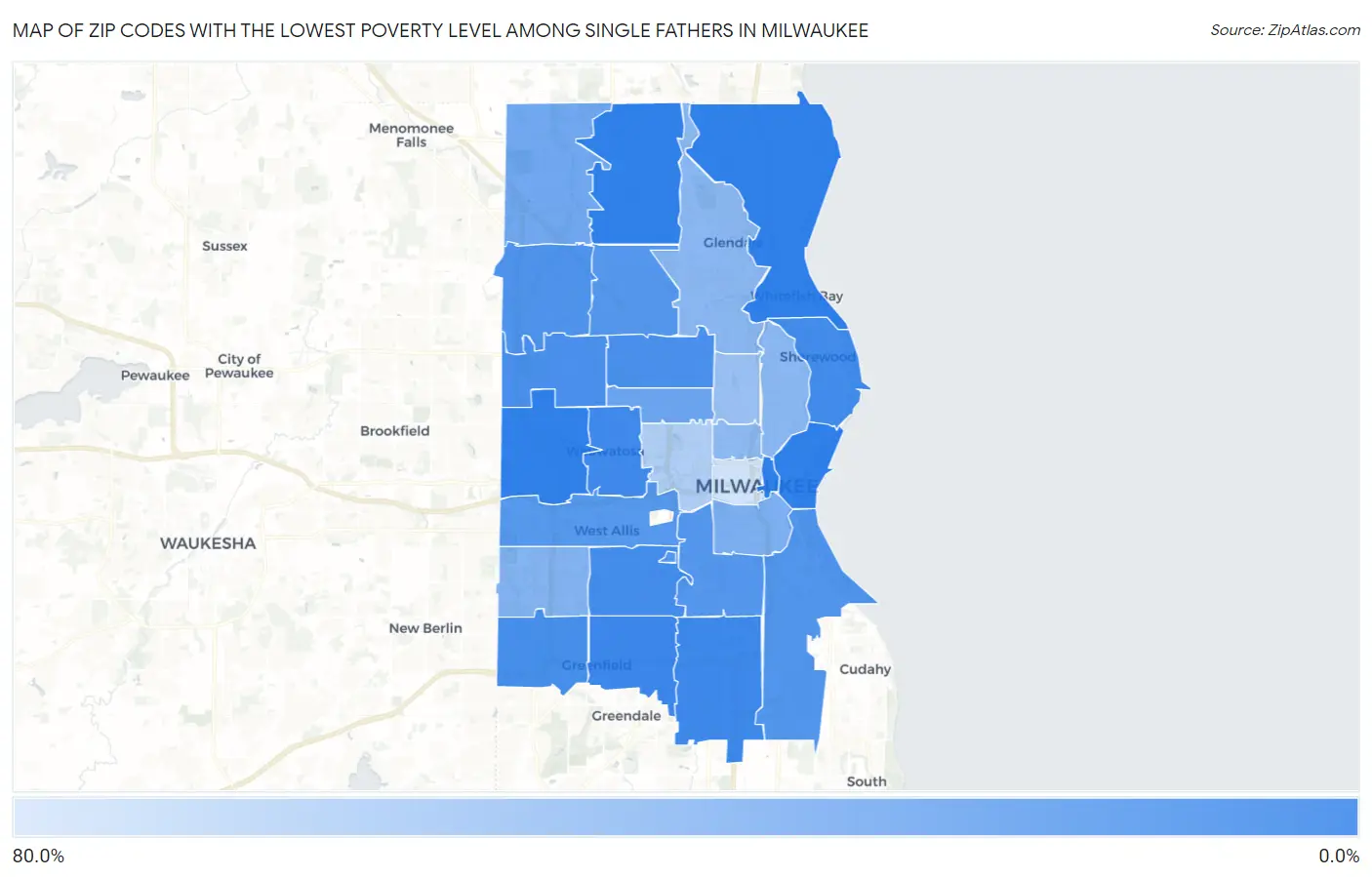 Zip Codes with the Lowest Poverty Level Among Single Fathers in Milwaukee Map