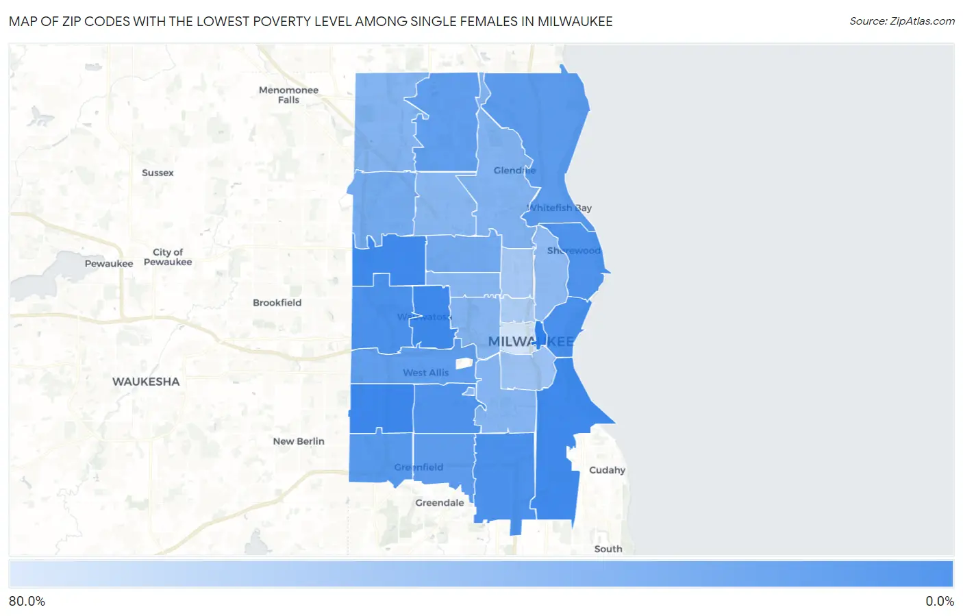 Zip Codes with the Lowest Poverty Level Among Single Females in Milwaukee Map