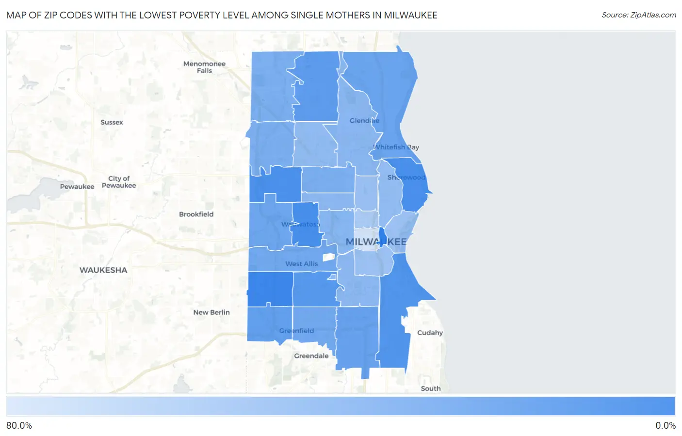 Zip Codes with the Lowest Poverty Level Among Single Mothers in Milwaukee Map
