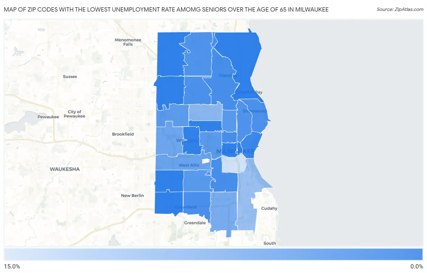 Zip Codes with the Lowest Unemployment Rate Amomg Seniors Over the Age of 65 in Milwaukee Map